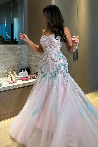 Strapless Sequined Mermaid Evening Gown with Tulle Skirt