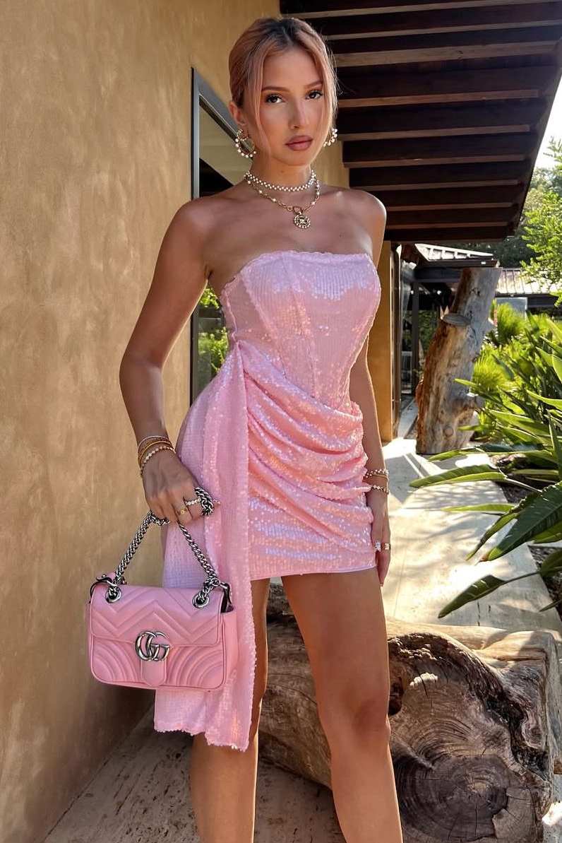 Strapless Corset Sequin Mini Dress with Side Drape