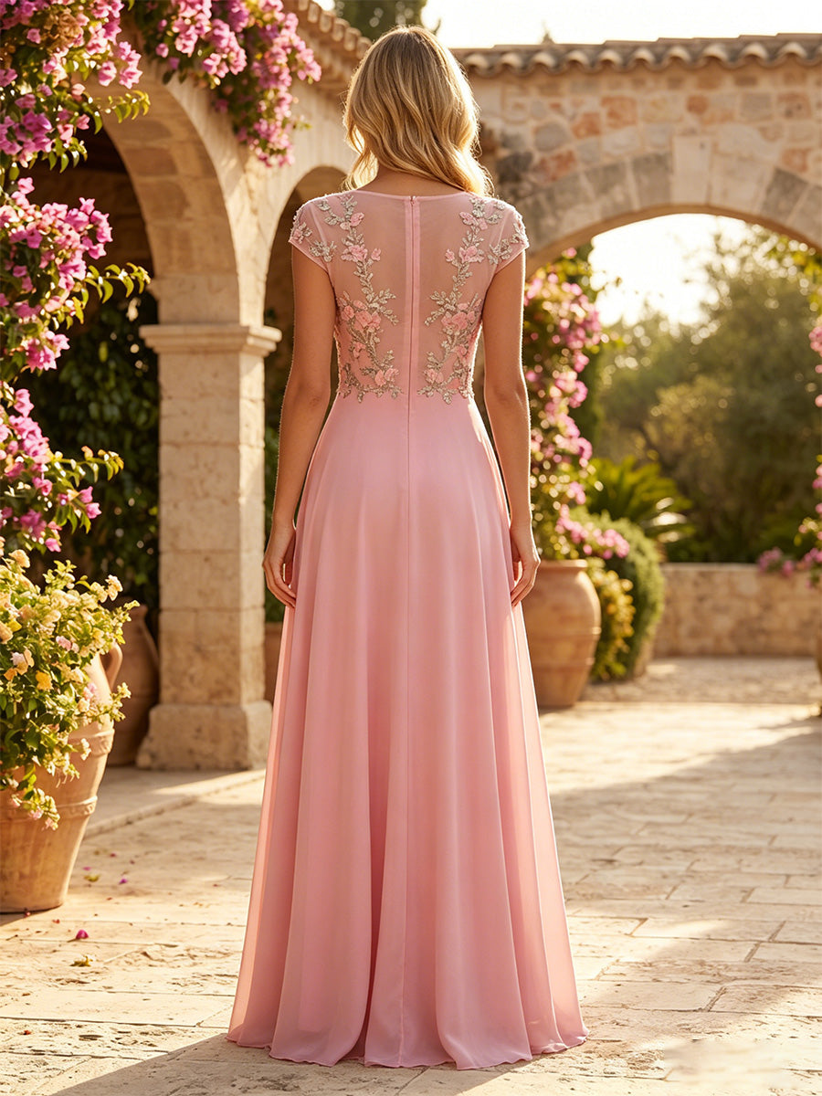 A-Line Chiffon Evening Gown with 3D Floral Bodice