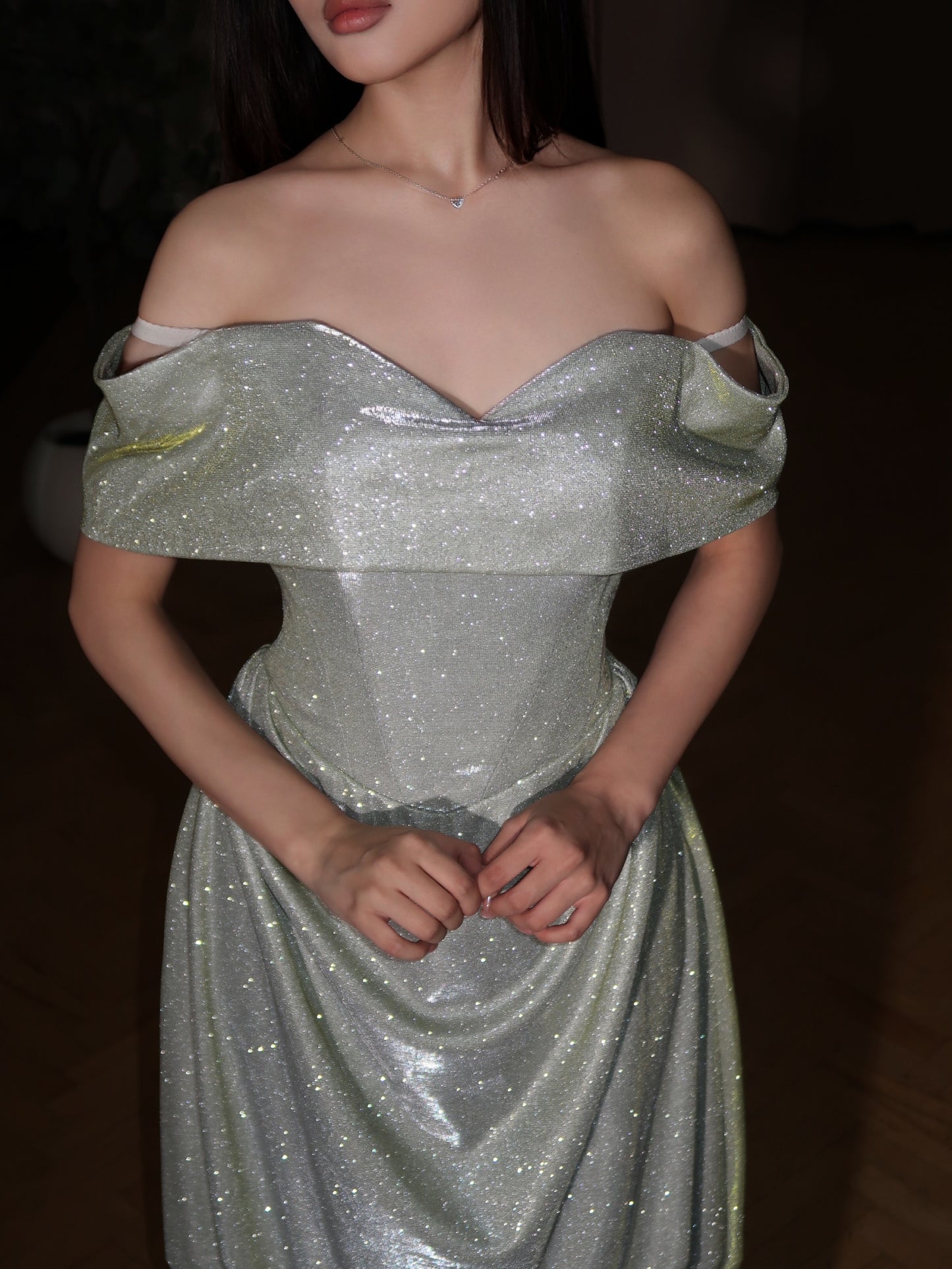 Off-The-Shoulder Corset Glitter Evening Gown