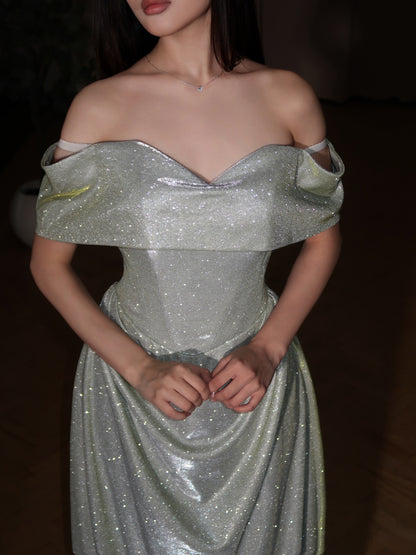 Off-The-Shoulder Corset Glitter Evening Gown
