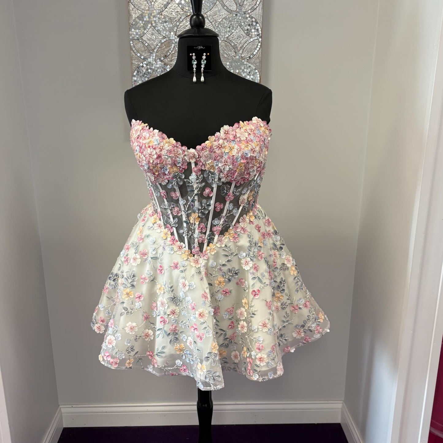 3D Floral Applique Strapless Corset Mini Dress
