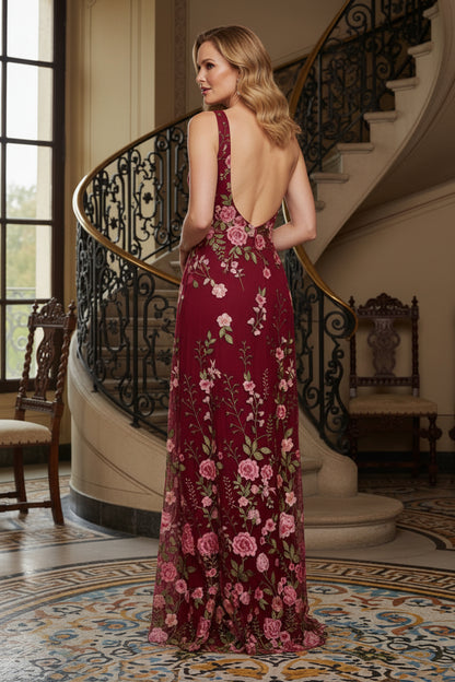 One-Shoulder Embroidered Floral A-Line Gown