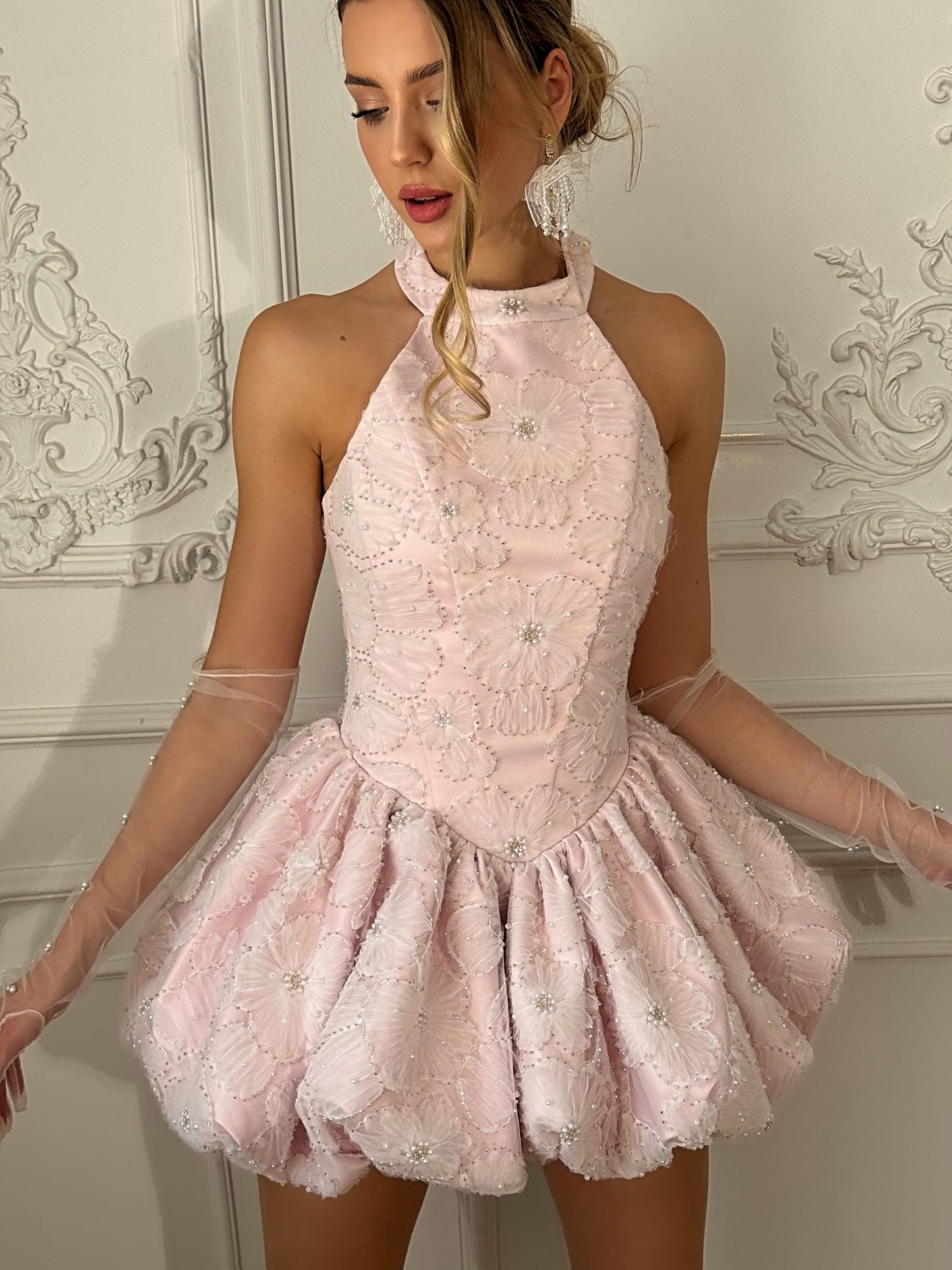 Halter Neck Corset Mini Dress with Bubble Skirt