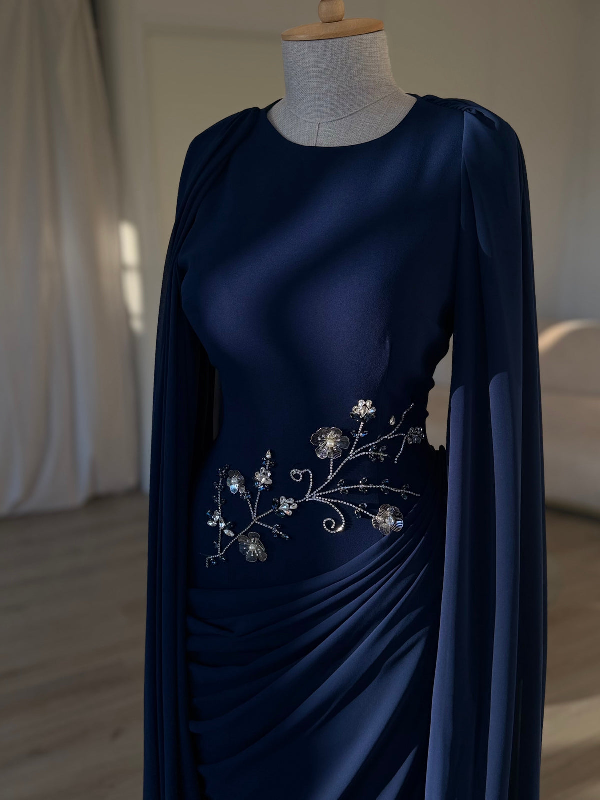 Draped Cape Sleeve Gown with Beaded Waist Detail
