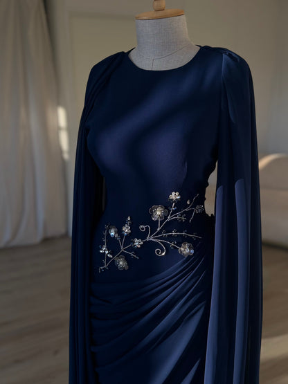 Draped Cape Sleeve Gown with Beaded Waist Detail