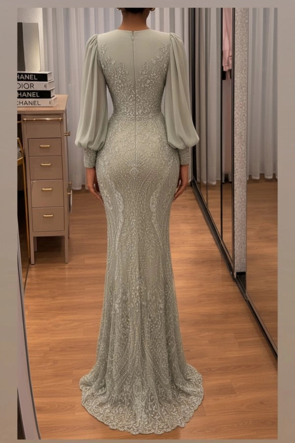 Beaded Sequin Mermaid Evening Gown with Long Sleeves