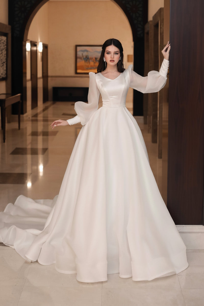A-Line Wedding Dress with Puffy Sheer Sleeves