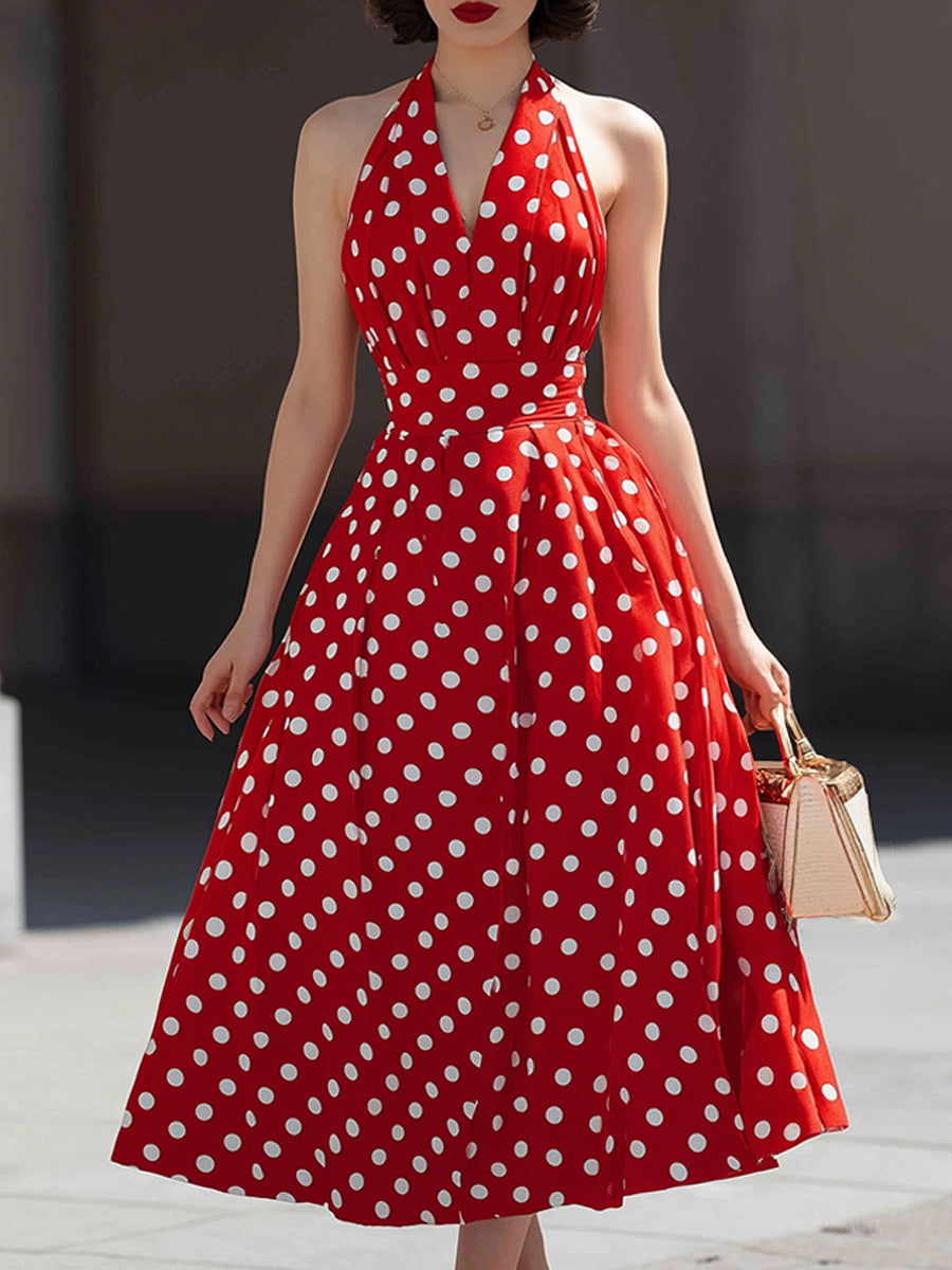Polka Dot Halter Midi Swing Dress