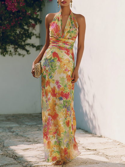 Floral Halter Backless Maxi Dress