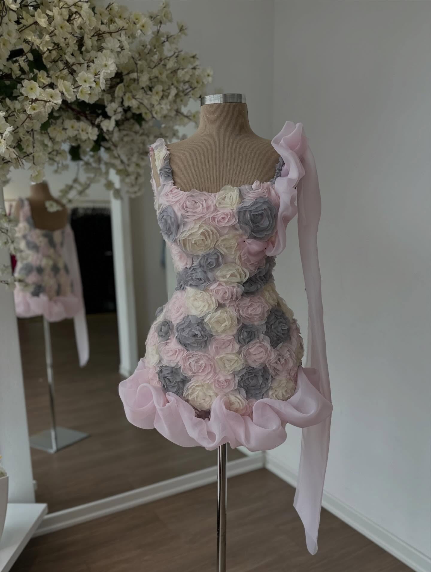 Asymmetrical 3D Flower Mini Dress with Ruffles