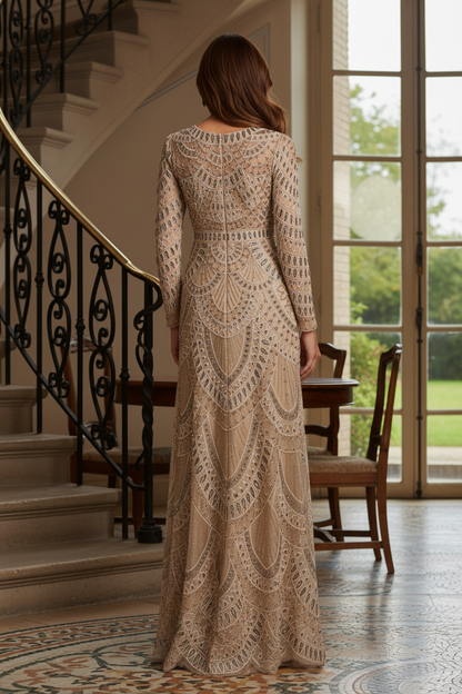 Beaded Illusion Long Sleeve Evening Gown