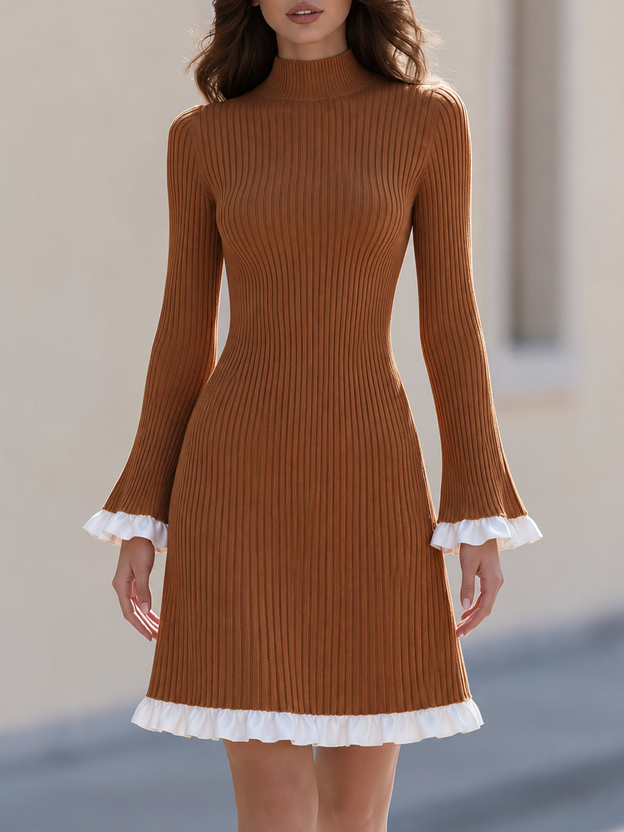Ribbed Knit Mini Dress with Contrast Ruffle Trim
