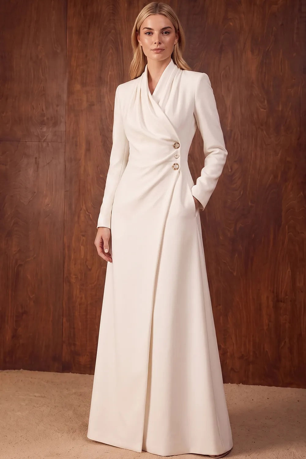 Long-Sleeve Wrap Blazer Maxi Gown with Buttons