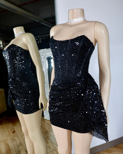 Strapless Corset Sequin Mini Dress with Asymmetrical Drape