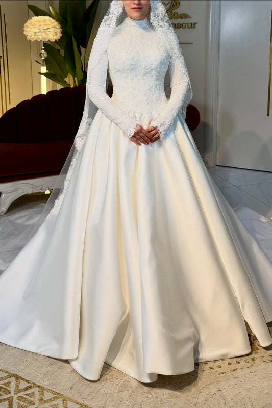 High-Neck Long Sleeve Ball Gown Wedding Dress
