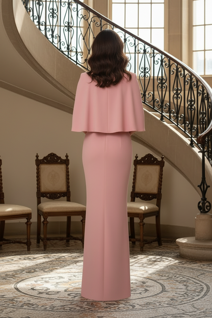 High-Neck Sheath Gown with Embellished Collar and Cape