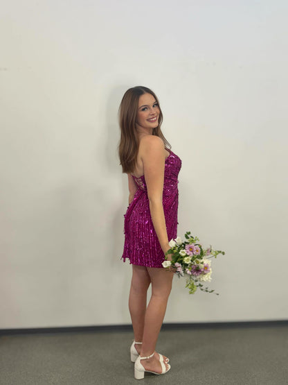 Strapless Sequin Mini Dress with Lace-Up Back
