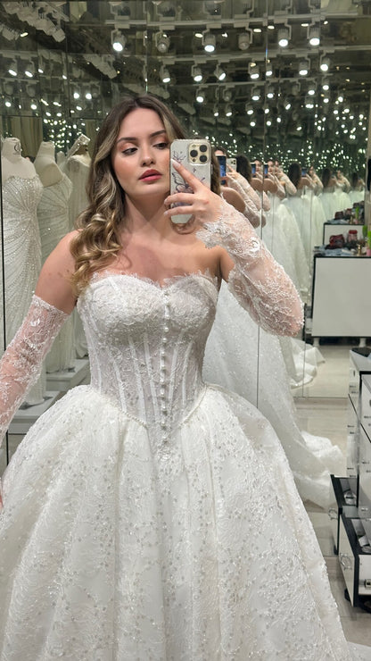 Lace Corset Ball Gown Wedding Dress with Sleeves