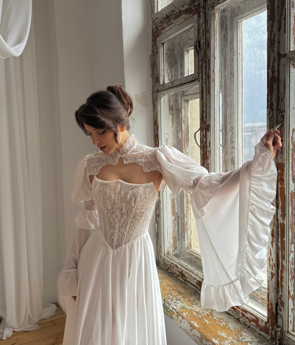 Lace Corset Wedding Dress with Bell Sleeves
