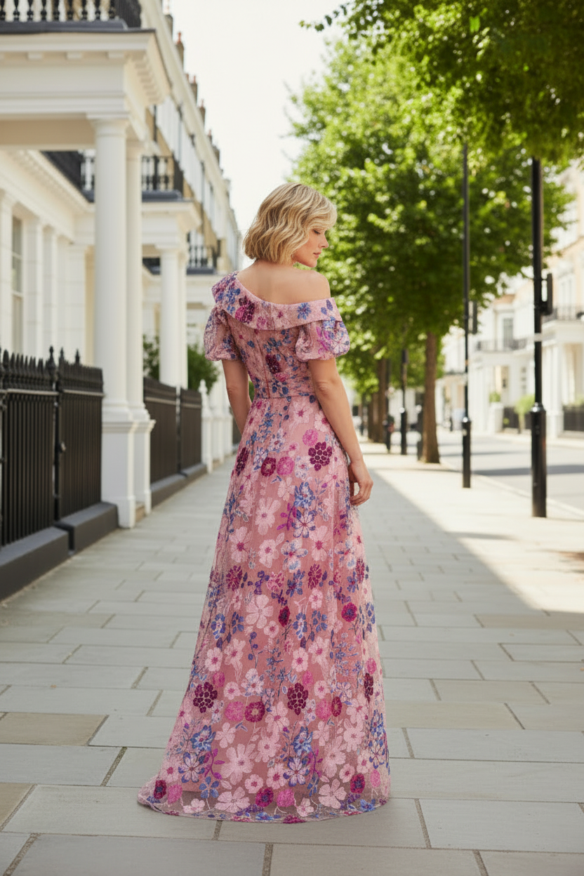 Off the Shoulder Floral Embroidered Evening Gown