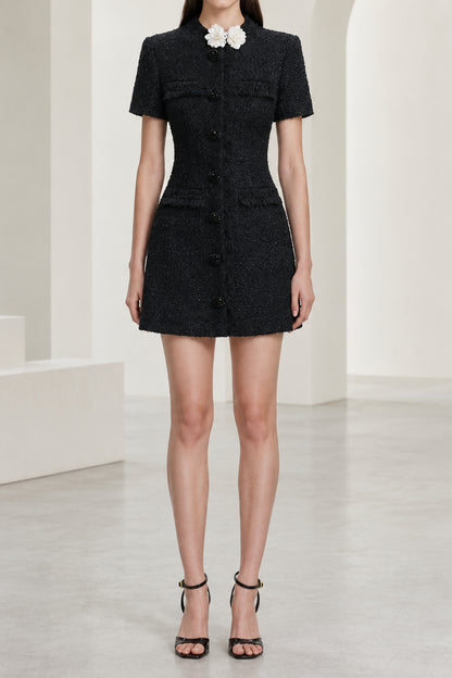 Tweed Mini Dress with Flower Collar