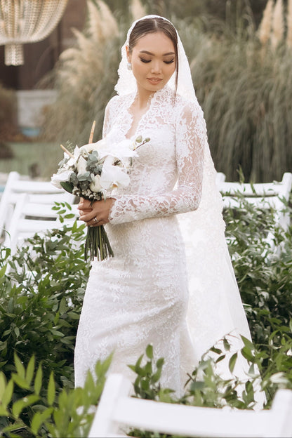 High Neck Long Sleeve Lace Trumpet Wedding Dress