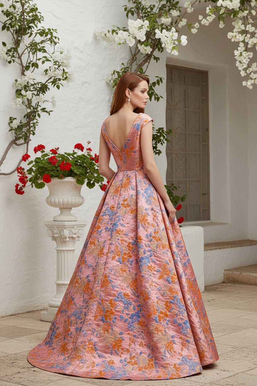 Floral Jacquard Pleated A-Line Ball Gown