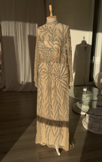 High Neck Sequin Embellished Cape Evening Gown