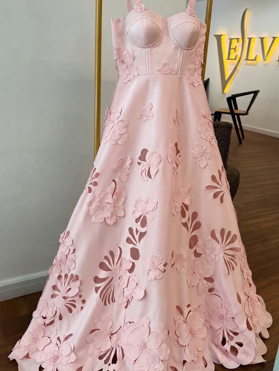 Cut-Out Floral A-Line Gown with Corset Bodice