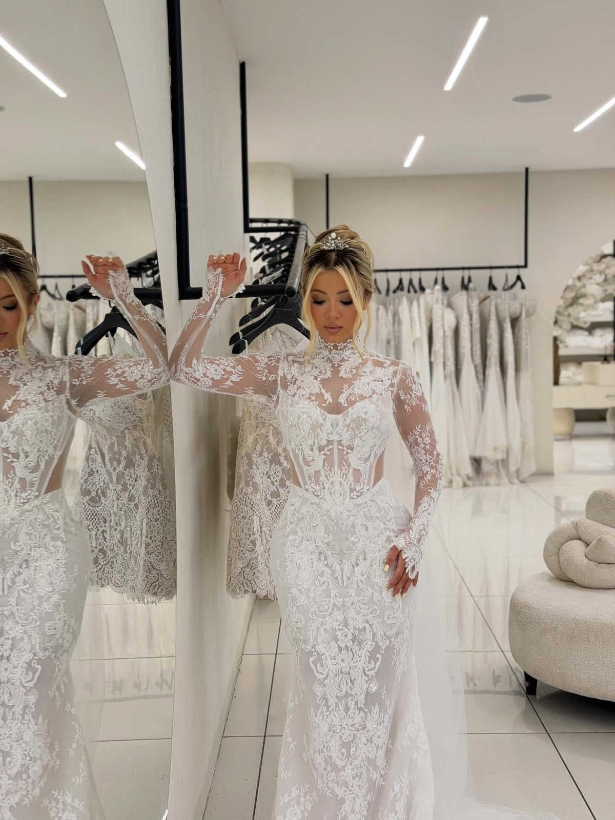 Lace High Neck Wedding Dress with Train