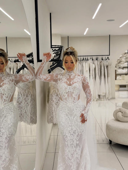 Lace High Neck Wedding Dress with Train
