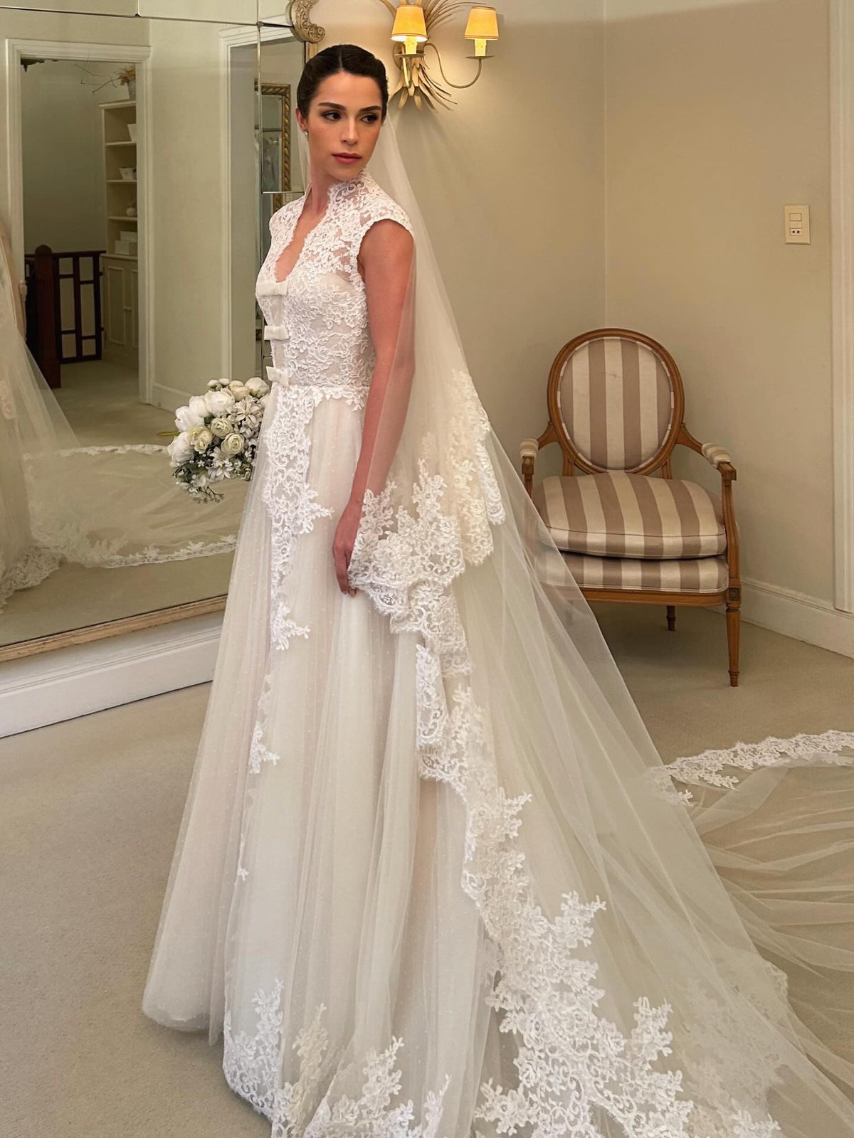 Lace High Neck A-Line Wedding Dress with Train