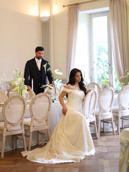 Ruched Drop-Waist Wedding Dress with Train