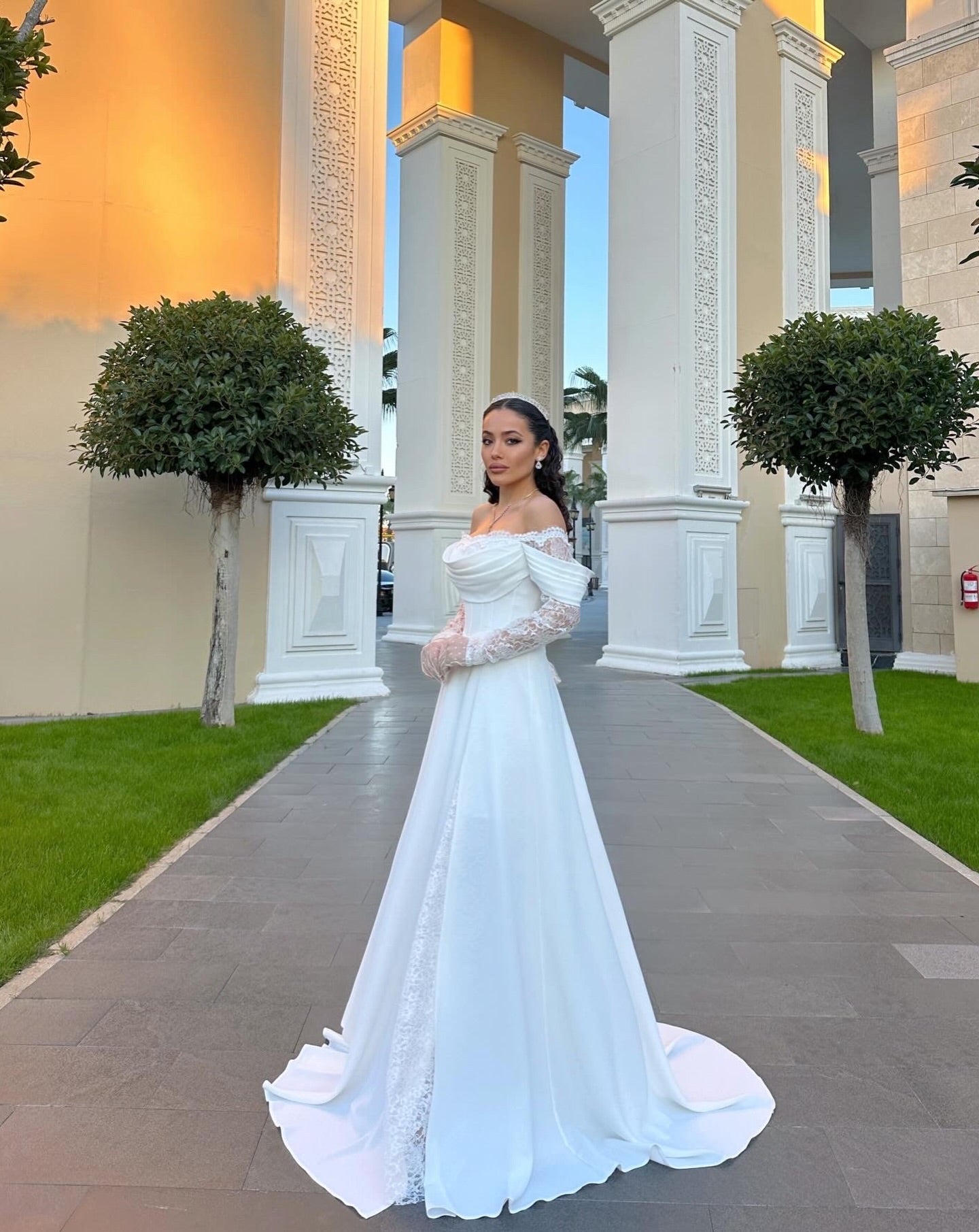 Off-Shoulder Lace Sleeve A-Line Wedding Dress
