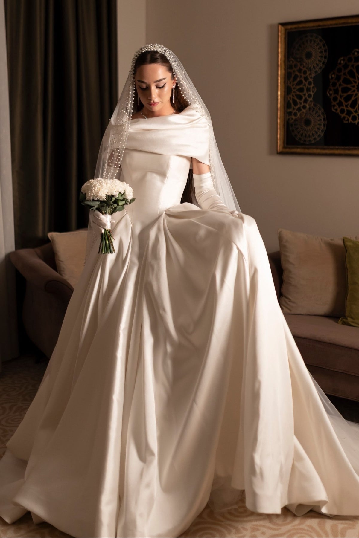 Draped Shawl Neckline Satin Ball Gown Wedding Dress