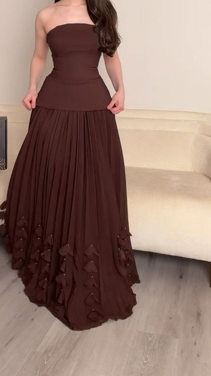 Corset Pleated Evening Gown with Tiered Appliques