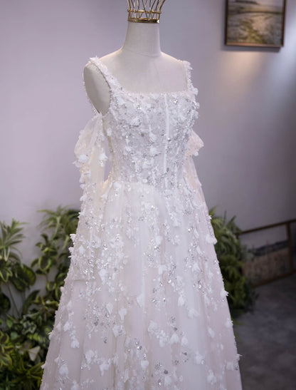 3D Floral Applique A-Line Wedding Gown