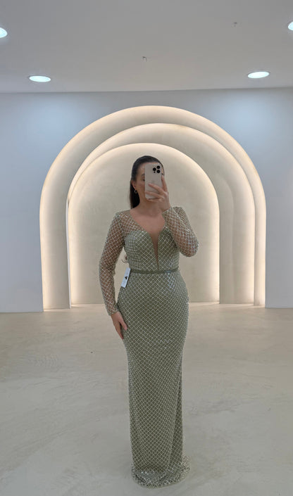 Grid Sparkle Illusion Long Sleeve Evening Gown