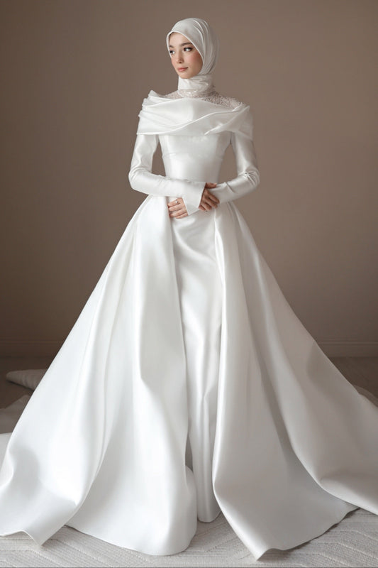 High-Neck Long Sleeve Satin Ball Gown Wedding Dress