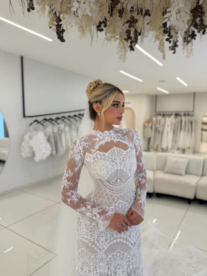 Long Sleeve Illusion High Neck Lace Mermaid Wedding Dress