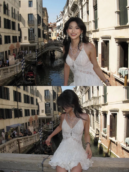 Ruffled Lace Backless Mini Dress with Spaghetti Straps