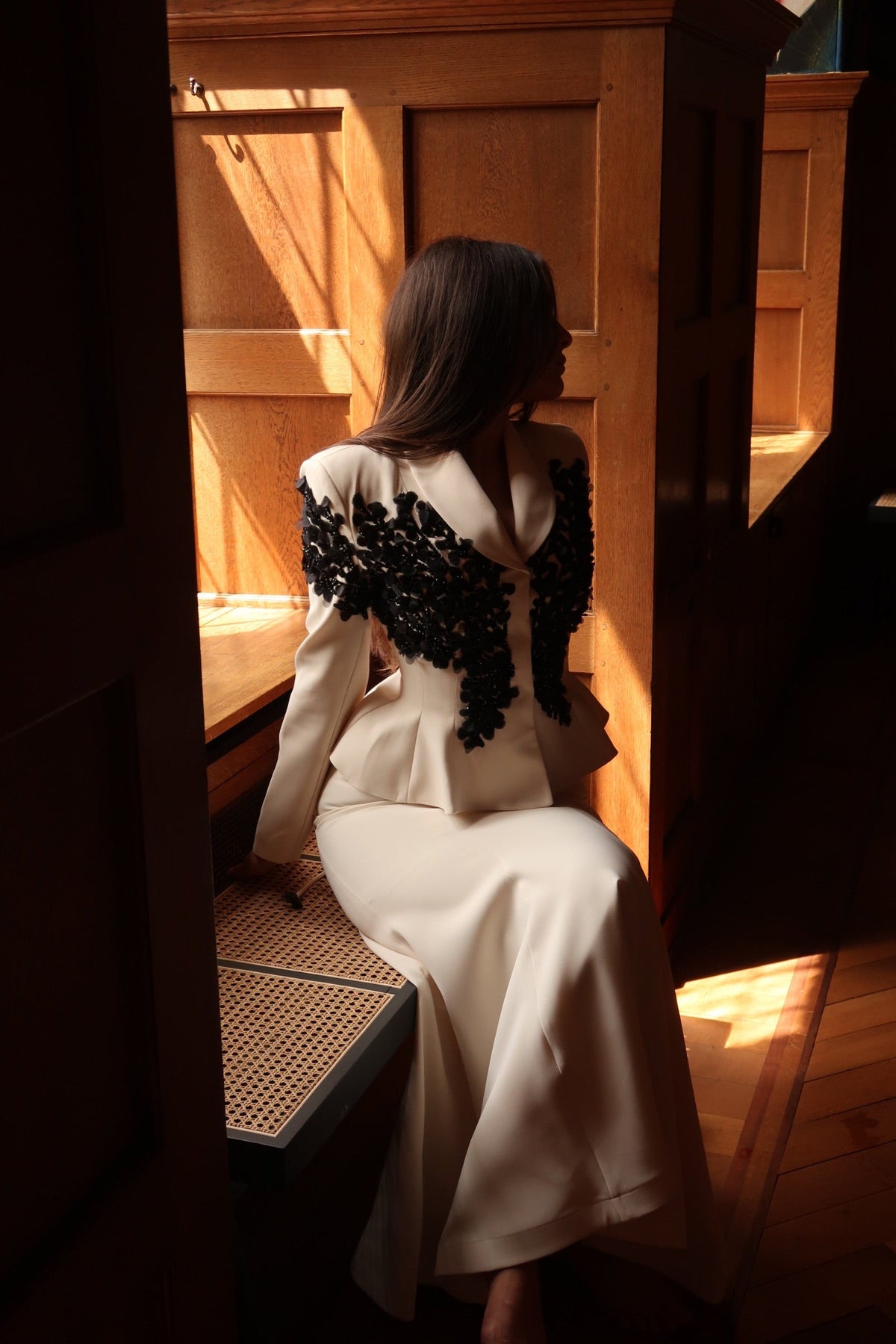 Peplum Skirt Suit with Floral Lace Appliques