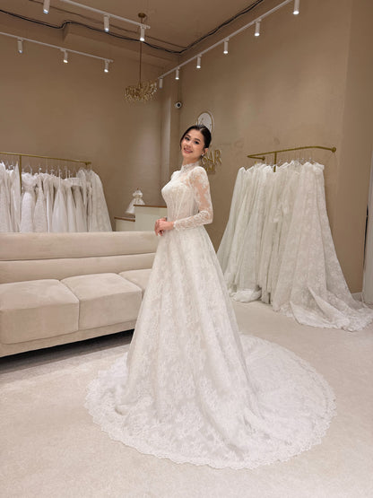 Lace High Neck Long Sleeve Corset Ball Gown Wedding Dress