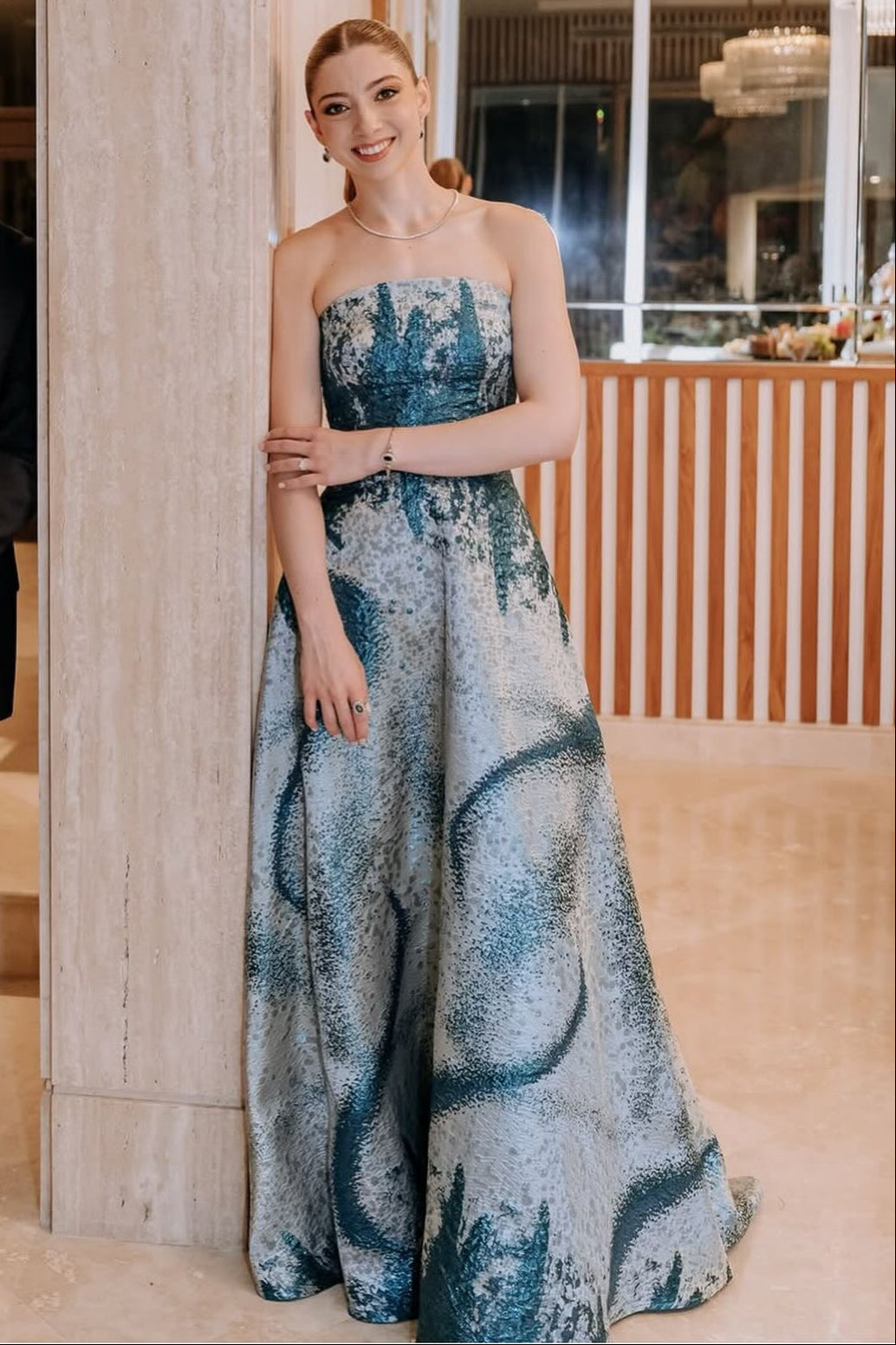 Strapless Jacquard Pattern A-Line Evening Gown