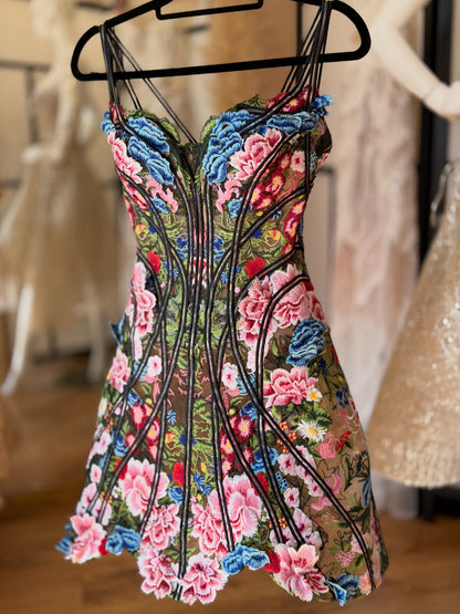 Embroidered Floral Corset Fit and Flare Mini Dress