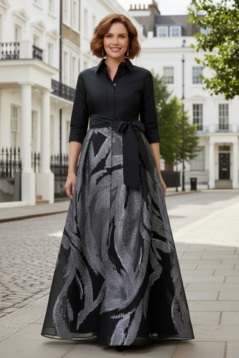 Shirt Collar Jacquard Ball Gown with Sash Tie Waist