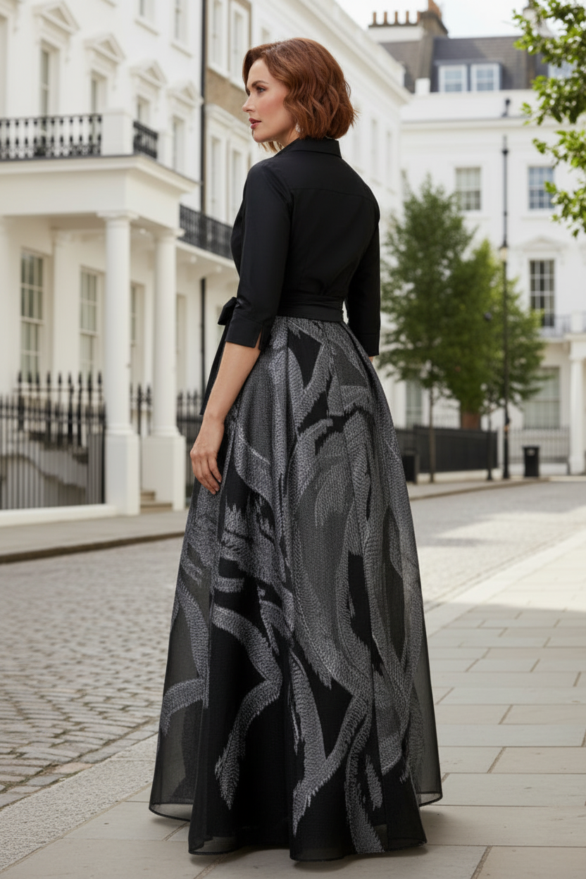Shirt Collar Jacquard Ball Gown with Sash Tie Waist