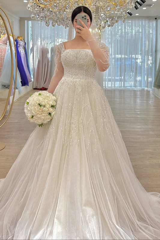 Square Neck Long Sleeve Beaded Tulle Wedding Dress