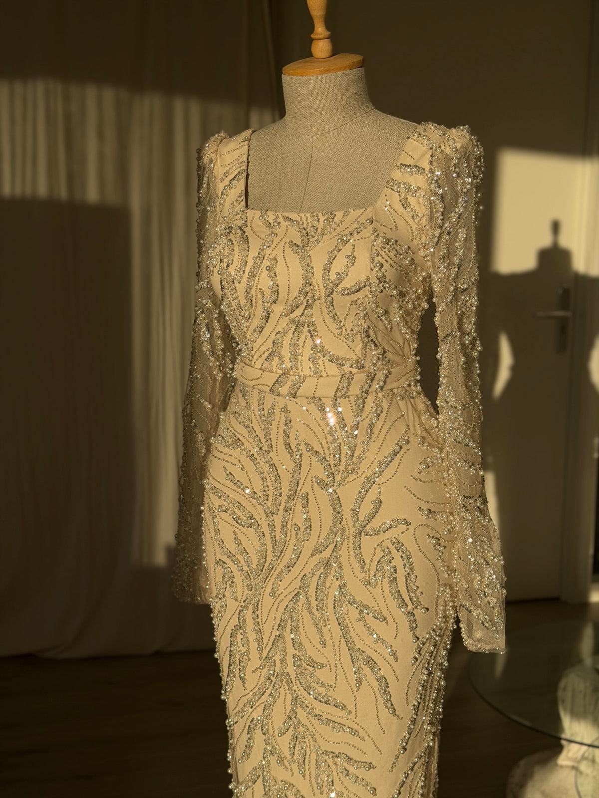 Sequin Swirl Long Sleeve Square Neck Maxi Dress